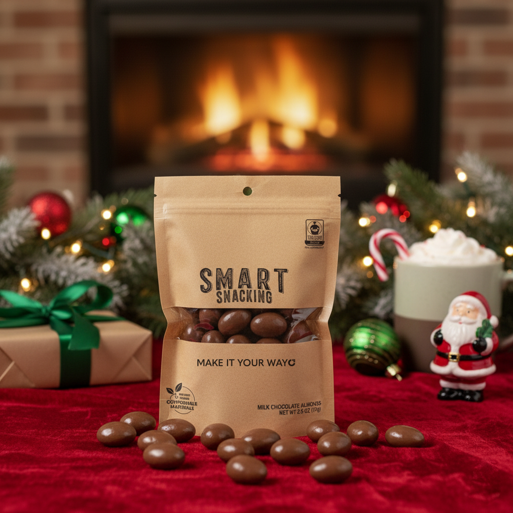 Fairtrade Milk Chocolate Almonds in Compostable Pouch - 2.5 oz - HLST0013-Wayo Sample-Scene.png